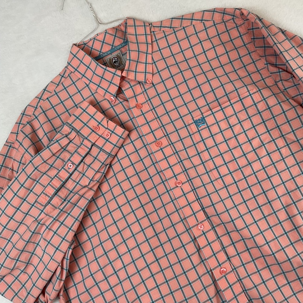 Cinch Mens Plaid Button‎ Down Shirt Coral Pink Long Sleeve Large Western Cowboy